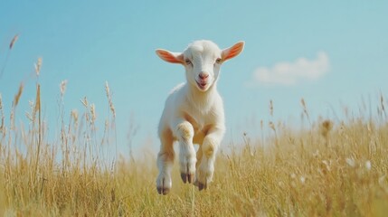 Fototapeta premium A small white goat jumps happily across a field of grass