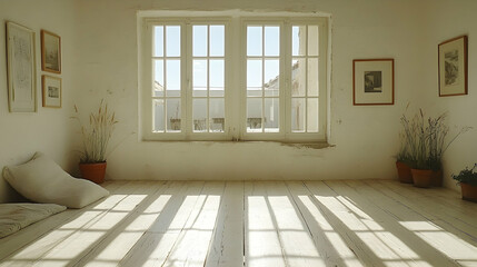 Fototapeta premium Sunny, minimalist room with large windows