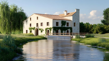 Obraz premium White Stone Farmhouse by River in Sunny Countryside