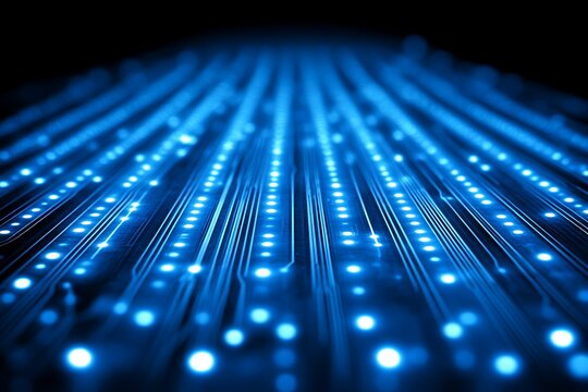 Illuminated blue lights along parallel lines creating an artistic pattern