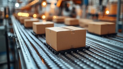 Packages moving along a conveyor belt in a bustling warehouse with warm lighting