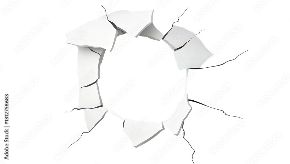 Poster circular hole in a white wall surrounded by cracks suggesting damage or a break it creates a visual 