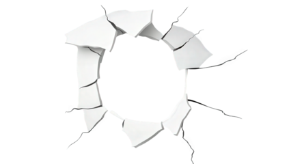 circular hole in a white wall surrounded by cracks suggesting damage or a break it creates a visual impact possibly for use in graphic design or as a metaphor for breaking barriers