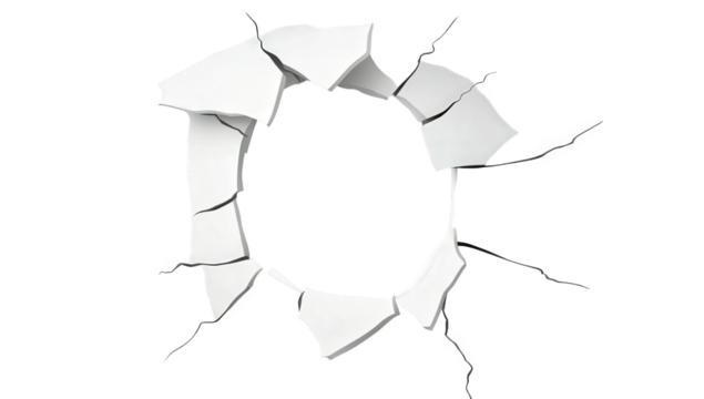 circular hole in a white wall surrounded by cracks suggesting damage or a break it creates a visual impact possibly for use in graphic design or as a metaphor for breaking barriers