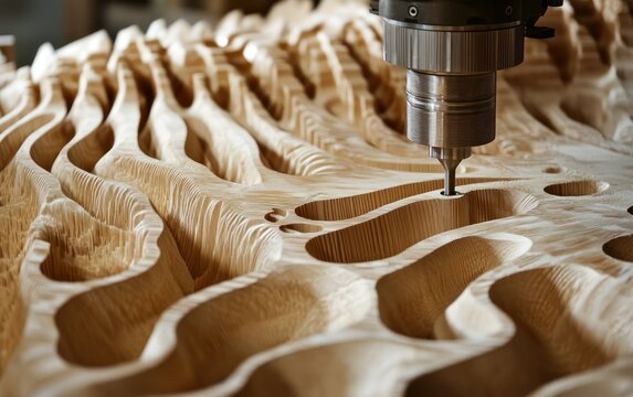 CNC router carving wood panel, workshop background