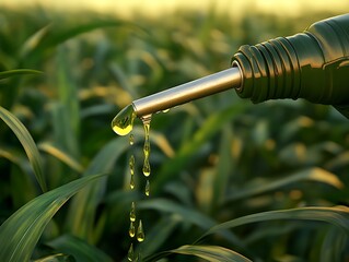 A fuel nozzle dripping liquid with a field of green plants