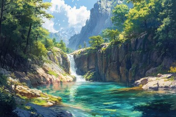 A hidden valley surrounded by steep cliffs, where a crystal clear river flows through the center, reflecting the vibrant greens of the dense pine forest lining its edges