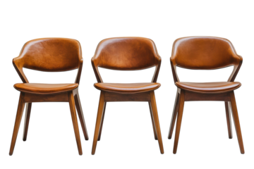 Three sleek wooden chairs arranged in a row showcasing modern design and craftsmanship in a light setting