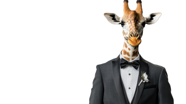 Giraffe wearing tuxedo and bow tie on transparent background