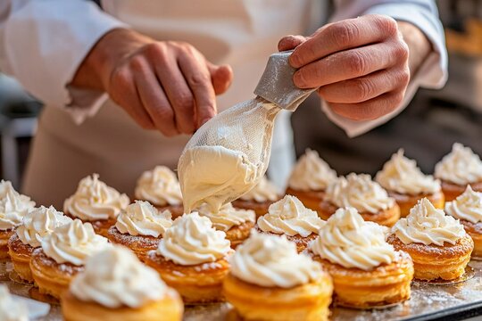 A pastry chef is carefully piping whipped cream onto freshly baked pastries in a busy kitchen. The chef's hands show expertise as they make intricate designs, creating an appealing display