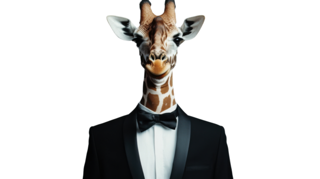 Giraffe wearing tuxedo and bow tie on transparent background