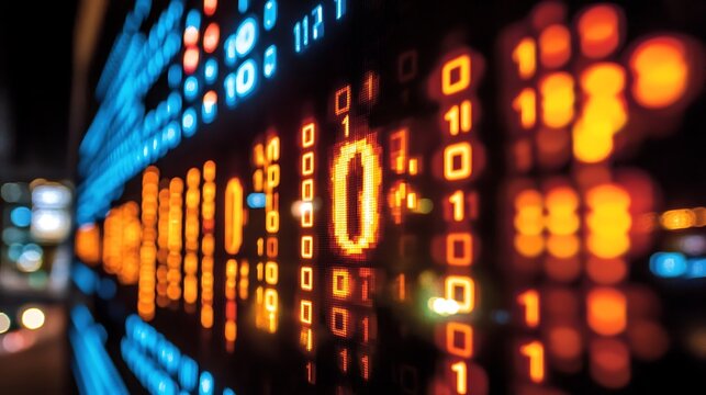 Illuminated binary data numbers display on a dark computer screen