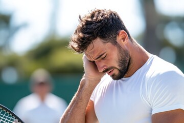 A young man with a sporty appearance stands on the tennis court, looking frustrated and stressed after a challenging match, reflecting the emotional highs and lows of competition.
