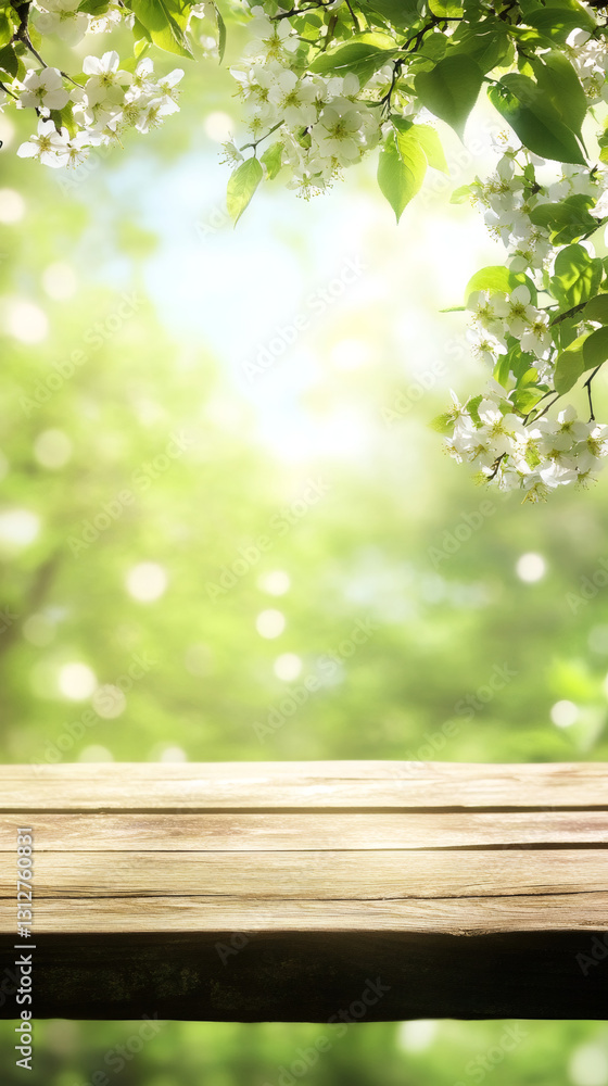 Poster empty wooden table top with blooming tree branches framing a blurred spring background, ideal for pr
