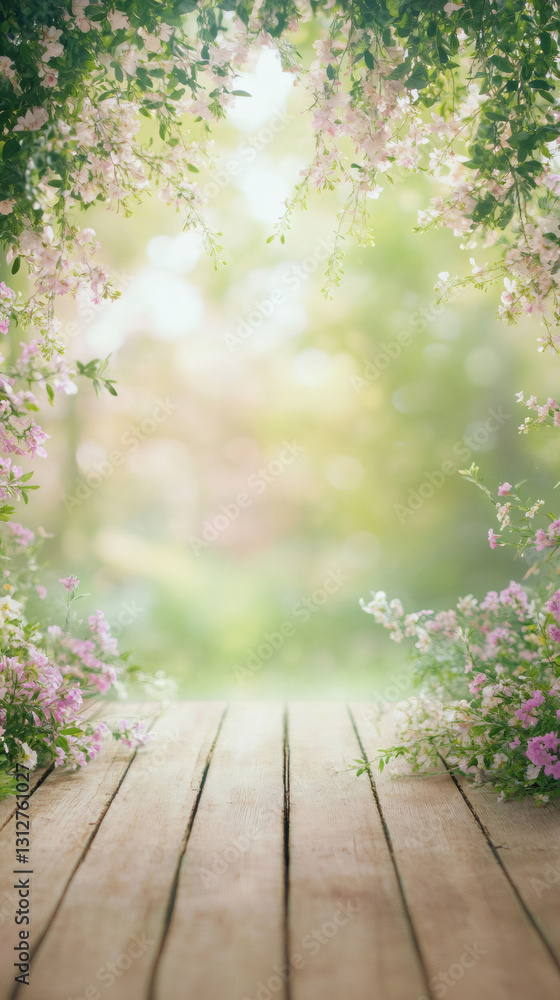 Aufkleber Rustic wooden table bordering lush flower garden, soft bokeh background creating elegant product showcase space