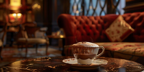 Stylish Coffee Moment with Red Velvet Sofa in the Background
