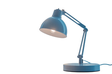 Blue desk lamp illuminating workspace with adjustable arm and round base for efficient lighting