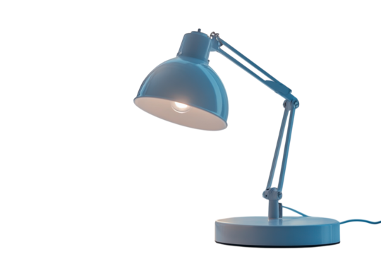 Blue desk lamp illuminating workspace with adjustable arm and round base for efficient lighting