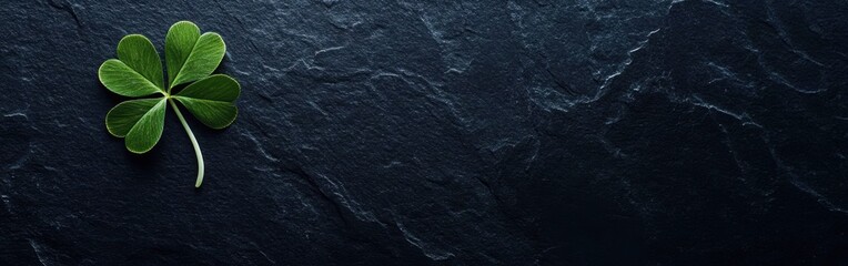 A four-leaf clover on a dark background, a St. Patrick's Day theme banner with copy space for text The shamrock is lying flat against the surface of a black table Generative AI