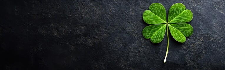 a four-leaf clover on a black background, symbolizing good luck and positivity A graceful green leaf with a white stem on a dark grey background A St. Patrick's Day concept banner design Generative AI