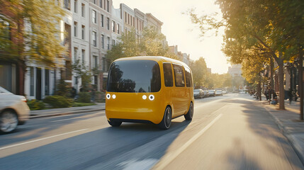 Obraz premium Yellow Autonomous Vehicle Driving on City Street at Sunrise