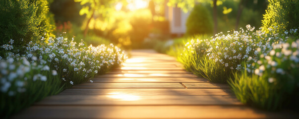 A wooden garden pathway surrounded by delicate wildflowers. The background is softly blurred.