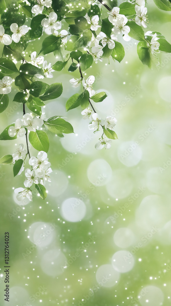 Poster blooming apple tree branch with beautiful white flowers on a blurred green background creates a magi
