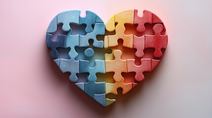 Heart-shaped puzzle with gradient blue to red color scheme on pink background, missing pieces in center. Concept of love, relationships, autism awareness, connection, and emotional intelligence