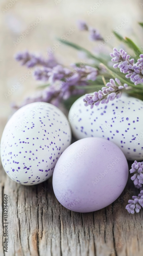 Aufkleber easter eggs decorated with lavender flowers lying on a rustic wooden table create a beautiful spring