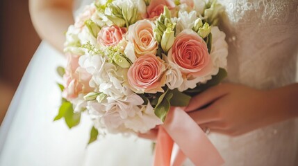 Bride holding elegant pink and white rose bouquet