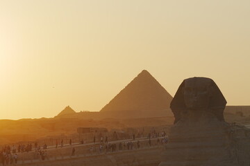 Sphinx and Pyramids of Giza at sunset, Egypt