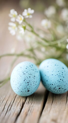 Fototapeta premium Light blue Easter eggs with navy speckles resting on weathered wood, soft white blossoms softly blending into background