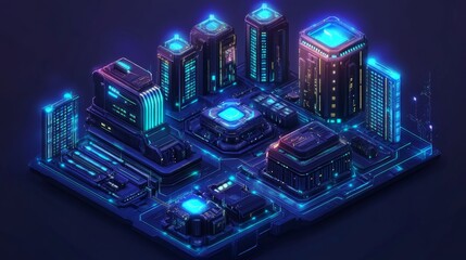 Futuristic neon cityscape with glowing skyscrapers and digital grid