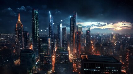 Obraz premium Futuristic Skyscrapers with Stars and Dramatic Sky