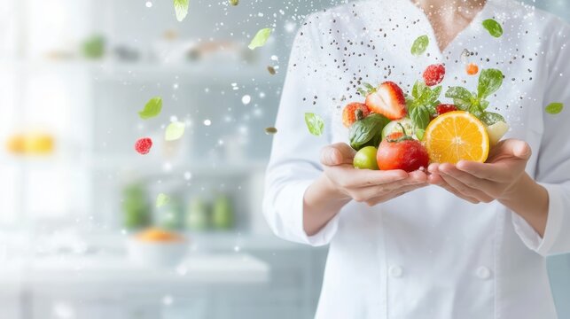 Nutritionist in white lab coat displaying colorful fresh produce, representing nutritional guidance and balanced dietary recommendations for optimal health