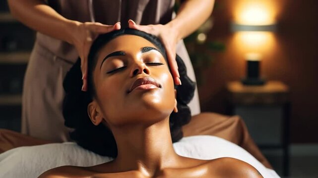 Close-up video still of a serene woman receiving a head massage. Soft lighting and a warm ambiance enhance the relaxing atmosphere.