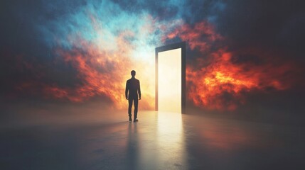 Silhouette of young caucasian male walking toward glowing portal in surreal landscape