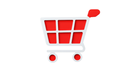 Red and white shopping cart icon on transparent background