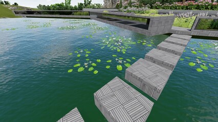 3d image of the landscape design of the home territory. Landscaping of the territory. Computer visualization of composite landscaping and landscaping solutions.