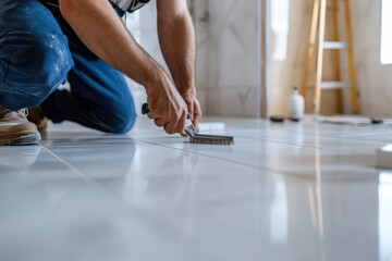 A worker carefully applies grout to the newly laid tiles on the floor, showcasing attention to detail and professionalism in completing a meticulous renovation task effectively.