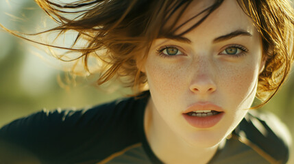 Fototapeta premium Athletic Young Woman Jogging Briskly, with Loose Strands of Hair Framing Her Face and a Confident Expression