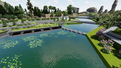 3d image of the landscape design of the home territory. Landscaping of the territory. Computer visualization of composite landscaping and landscaping solutions.