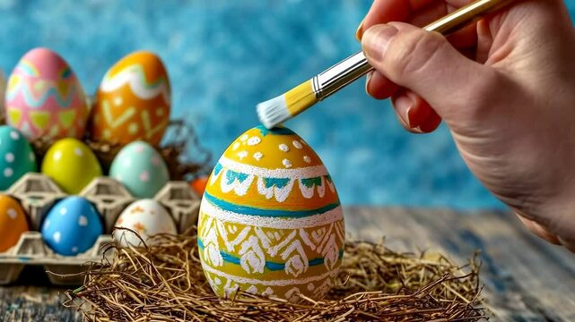 Close-up angle of a hand painting a colorful Easter egg with a brush. The video captures the intricate designs and vibrant colors in detail.