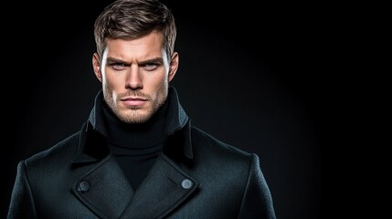 Obraz premium Portrait of a serious-looking man in a dark coat against a black background.