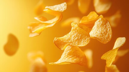 Crispy potato chips float against a vibrant yellow background creating a playful food display