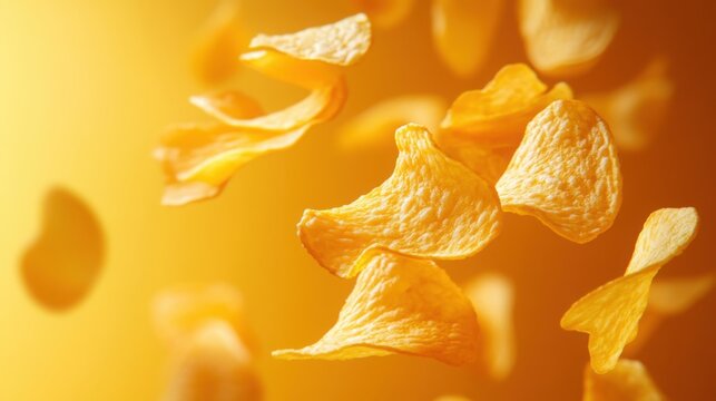 Crispy potato chips float against a vibrant yellow background creating a playful food display