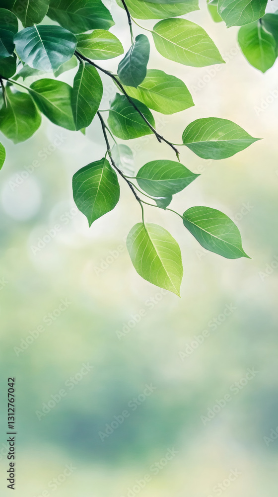 Poster green spring foliage branching vibrantly, soft blurred bokeh background highlighting verdant botanic