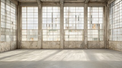 Spacious industrial interior with large windows showcasing natural light and weathered walls
