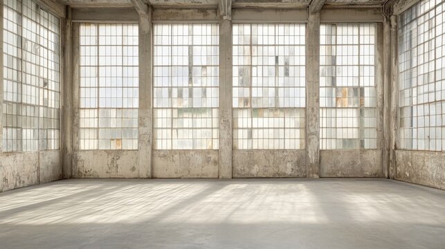 Spacious industrial interior with large windows showcasing natural light and weathered walls