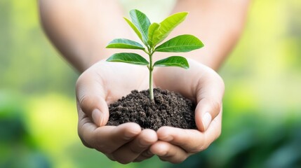 Nurturing green seedling, hands cradling fresh sprout in rich earth, symbolizing ecological growth and agricultural sustainability